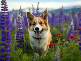 curioso cane esplorando un' campo di fioritura Fiore di campo ai generativo foto