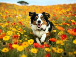 curioso cane esplorando un' campo di fioritura Fiore di campo ai generativo foto