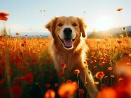 curioso cane esplorando un' campo di fioritura Fiore di campo ai generativo foto