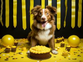 adorabile cane in posa con un' compleanno torta a un' celebrazione ai generativo foto