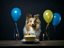 adorabile cane in posa con un' compleanno torta a un' celebrazione ai generativo foto