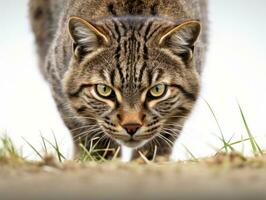 eccezionale epico foto di gatto su bianca sfondo nazionale geografico stile ai generativo