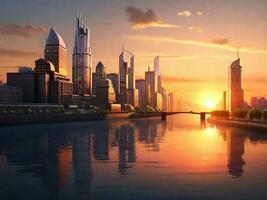 edificio città e tramonto con fiume, ai generato foto