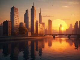 edificio città e tramonto con fiume, ai generato foto