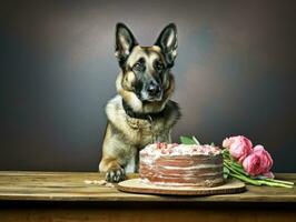 adorabile cane in posa con un' compleanno torta a un' celebrazione ai generativo foto