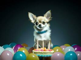 adorabile cane in posa con un' compleanno torta a un' celebrazione ai generativo foto