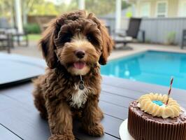 adorabile cane in posa con un' compleanno torta a un' celebrazione ai generativo foto