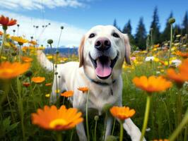 curioso cane esplorando un' campo di fioritura Fiore di campo ai generativo foto