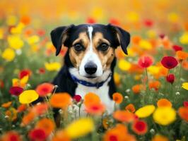 curioso cane esplorando un' campo di fioritura Fiore di campo ai generativo foto