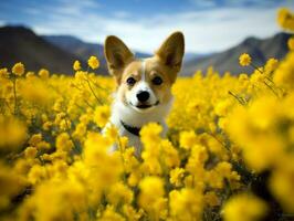 curioso cane esplorando un' campo di fioritura Fiore di campo ai generativo foto