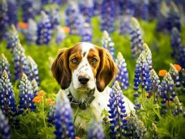 curioso cane esplorando un' campo di fioritura Fiore di campo ai generativo foto