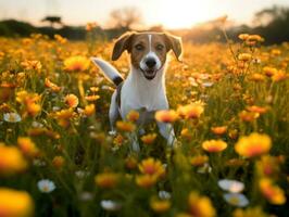 curioso cane esplorando un' campo di fioritura Fiore di campo ai generativo foto