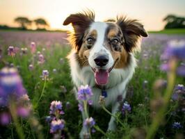 curioso cane esplorando un' campo di fioritura Fiore di campo ai generativo foto