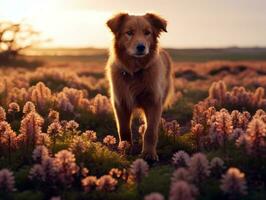 curioso cane esplorando un' campo di fioritura Fiore di campo ai generativo foto