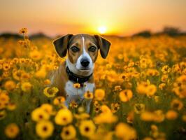 curioso cane esplorando un' campo di fioritura Fiore di campo ai generativo foto