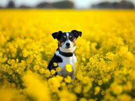 curioso cane esplorando un' campo di fioritura Fiore di campo ai generativo foto