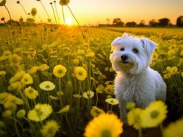 curioso cane esplorando un' campo di fioritura Fiore di campo ai generativo foto