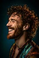 allegro studio ritratto di un' sorridente europeo uomo con Riccio rosso capelli, avvicinamento, morbido luce, ai generato arte foto
