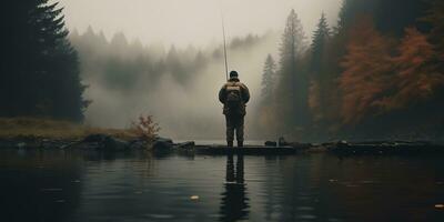 generativo ai, pesca con canne su autunno paesaggio vicino il fiume, pescatore con Filatura, smorzato colori foto