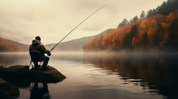 generativo ai, pesca con canne su autunno paesaggio vicino il fiume, pescatore con Filatura, smorzato colori foto