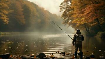 generativo ai, pesca con canne su autunno paesaggio vicino il fiume, pescatore con Filatura, smorzato colori foto