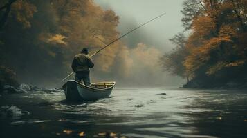 generativo ai, pesca con canne su autunno paesaggio vicino il fiume, pescatore con Filatura, smorzato colori foto