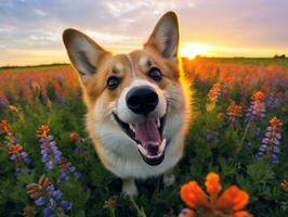 curioso cane esplorando un' campo di fioritura Fiore di campo ai generativo foto