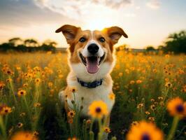 curioso cane esplorando un' campo di fioritura Fiore di campo ai generativo foto