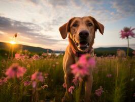 curioso cane esplorando un' campo di fioritura Fiore di campo ai generativo foto