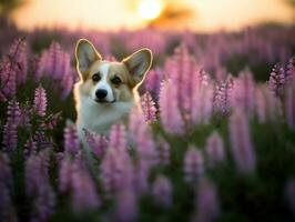 curioso cane esplorando un' campo di fioritura Fiore di campo ai generativo foto