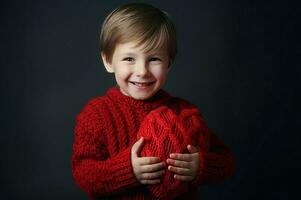 bambino con a maglia rosso cuore. creare ai foto