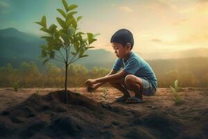 bambino piantare piccolo albero. creare ai foto