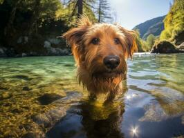 amichevole cane nel un' chiaro blu lago ai generativo foto