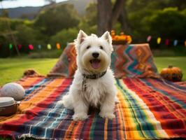 soffice cane seduta su un' colorato picnic coperta ai generativo foto