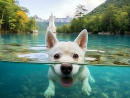 amichevole cane nel un' chiaro blu lago ai generativo foto