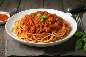 spaghetti bolognese pasta con pomodoro salsa e carne. ai generativo professionista foto