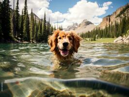 amichevole cane nel un' chiaro blu lago ai generativo foto
