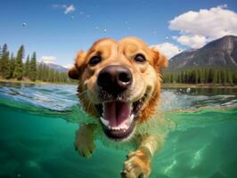 amichevole cane nel un' chiaro blu lago ai generativo foto