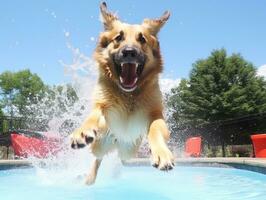 bagnato e gioioso cane saltare in un' piscina su un' caldo estate giorno ai generativo foto