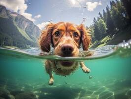 amichevole cane nel un' chiaro blu lago ai generativo foto