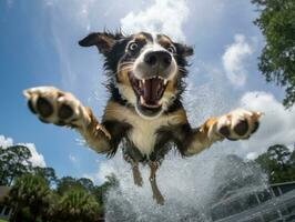 bagnato e gioioso cane saltare in un' piscina su un' caldo estate giorno ai generativo foto