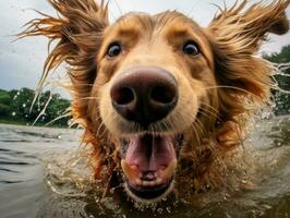 bagnato e gioioso cane saltare in un' piscina su un' caldo estate giorno ai generativo foto