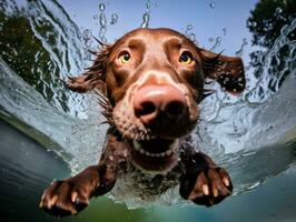 bagnato e gioioso cane saltare in un' piscina su un' caldo estate giorno ai generativo foto