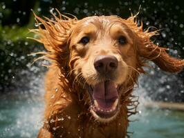 bagnato e gioioso cane saltare in un' piscina su un' caldo estate giorno ai generativo foto