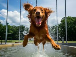 bagnato e gioioso cane saltare in un' piscina su un' caldo estate giorno ai generativo foto