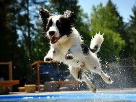 bagnato e gioioso cane saltare in un' piscina su un' caldo estate giorno ai generativo foto