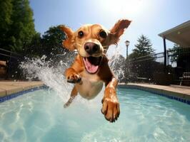 bagnato e gioioso cane saltare in un' piscina su un' caldo estate giorno ai generativo foto