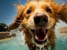 bagnato e gioioso cane saltare in un' piscina su un' caldo estate giorno ai generativo foto