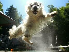 bagnato e gioioso cane saltare in un' piscina su un' caldo estate giorno ai generativo foto