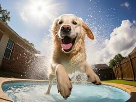 bagnato e gioioso cane saltare in un' piscina su un' caldo estate giorno ai generativo foto